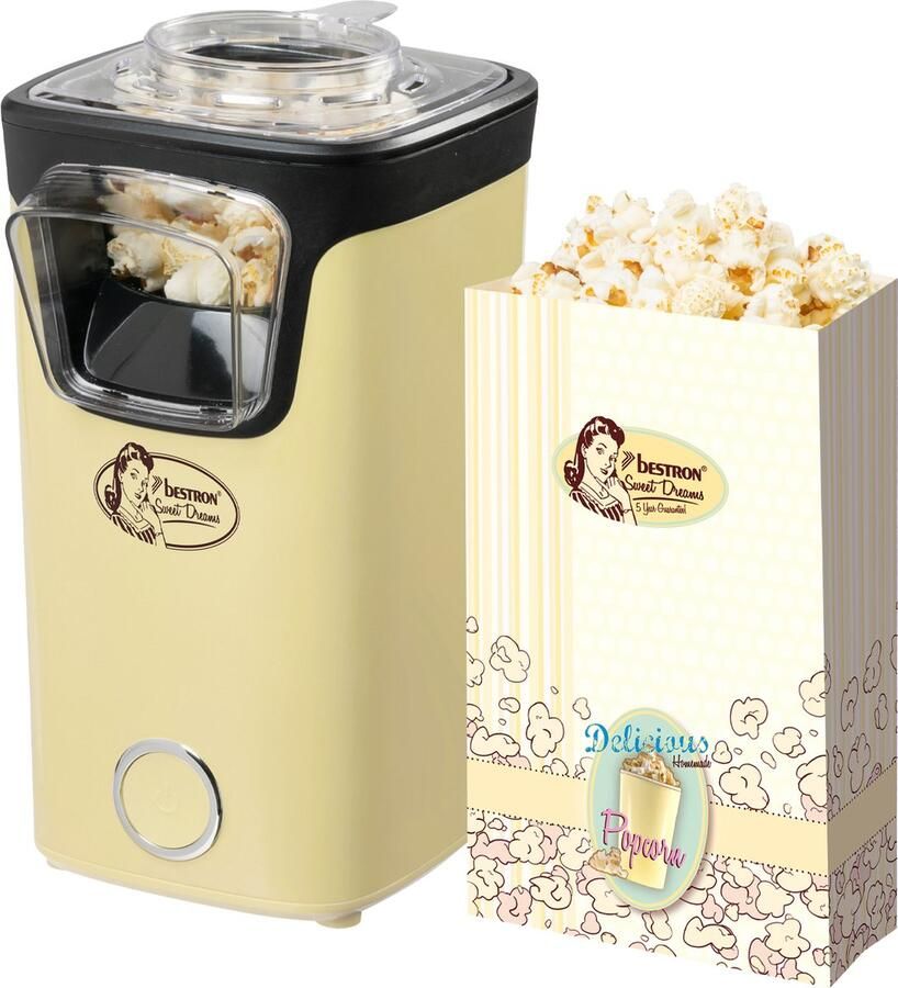 Bestron Popcornmaker Turbo-Popcorn in minder 2 minuten Popcornmachine met heteluchttechnologie inclusief 10x popcornzakken & geïntegreerde maatbeker Sweet Dreams Collectie Geel