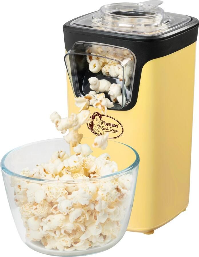 Bestron Popcornmaker Turbo-Popcorn in minder 2 minuten Popcornmachine met heteluchttechnologie inclusief 10x popcornzakken & geïntegreerde maatbeker Sweet Dreams Collectie Geel
