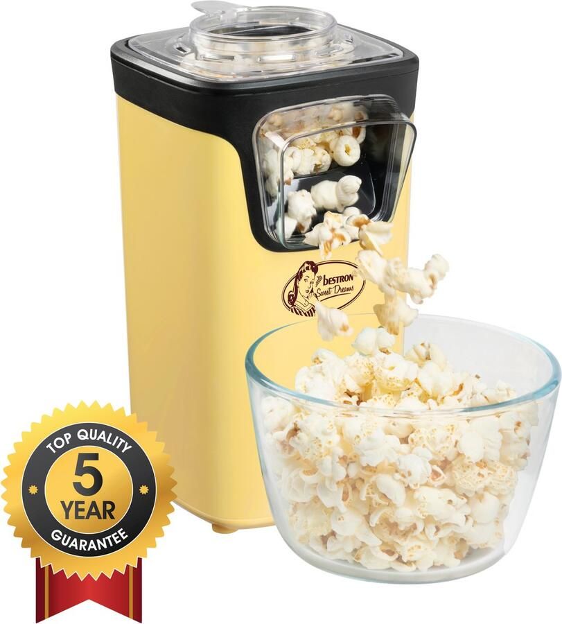 Bestron Popcornmaker Turbo-Popcorn in minder 2 minuten Popcornmachine met heteluchttechnologie inclusief 10x popcornzakken & geïntegreerde maatbeker Sweet Dreams Collectie Geel