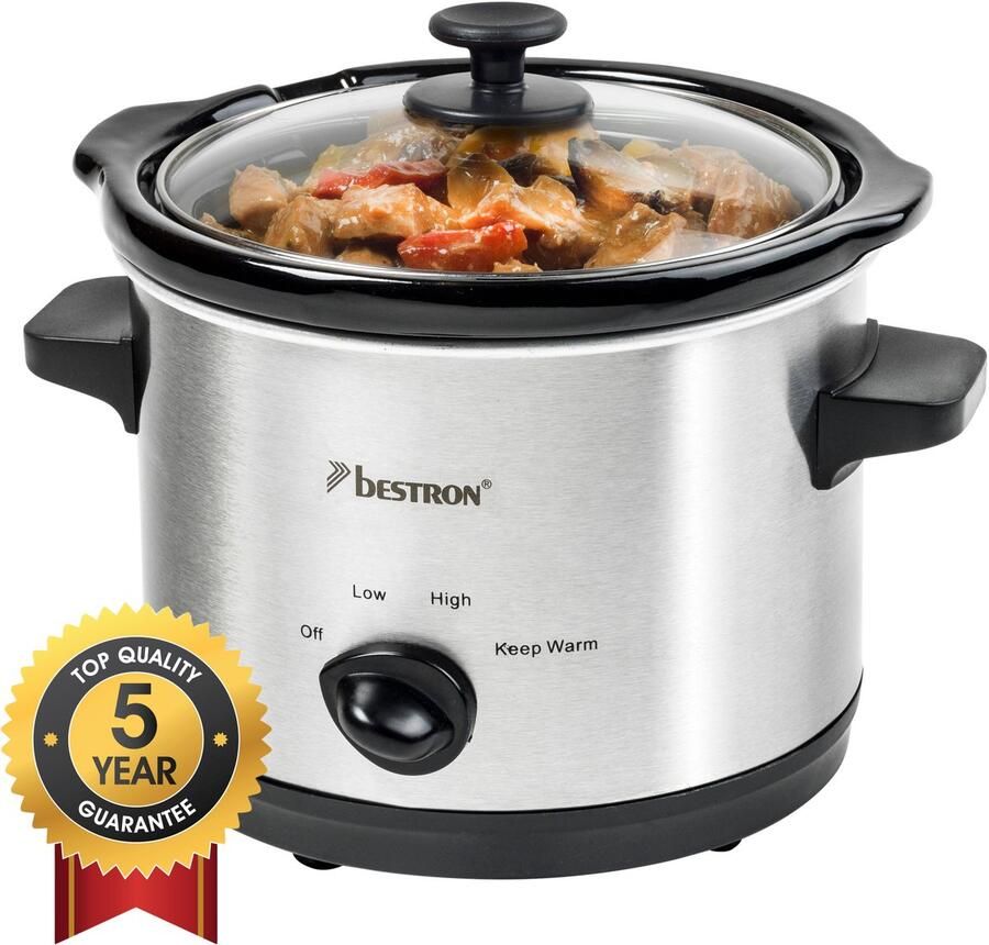 Bestron Slowcooker met 3 programma's keramische pan & glazen deksel voor 2 Personen 1 5L capaciteit vatwasserveilig 120 Watt zilver