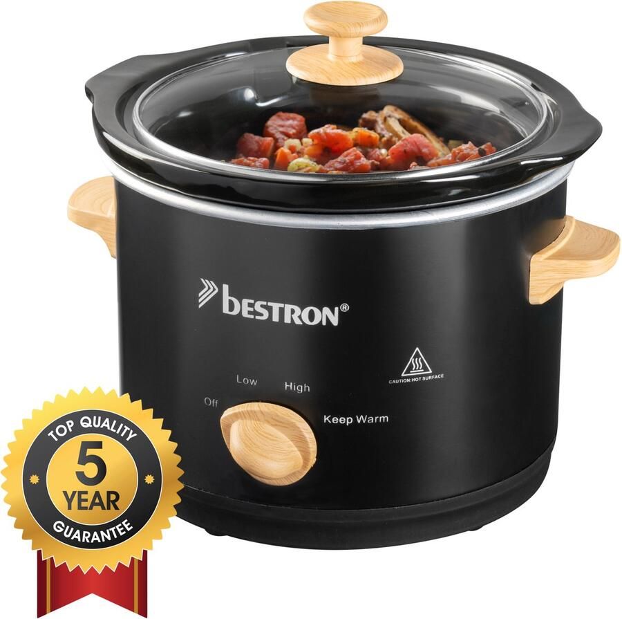 Bestron Slowcooker met 3 programma's keramische pan & glazen deksel voor 2 Personen 1.5L capaciteit vatwasserveilig 120 Watt Black & Wood Collection Zwart Hout