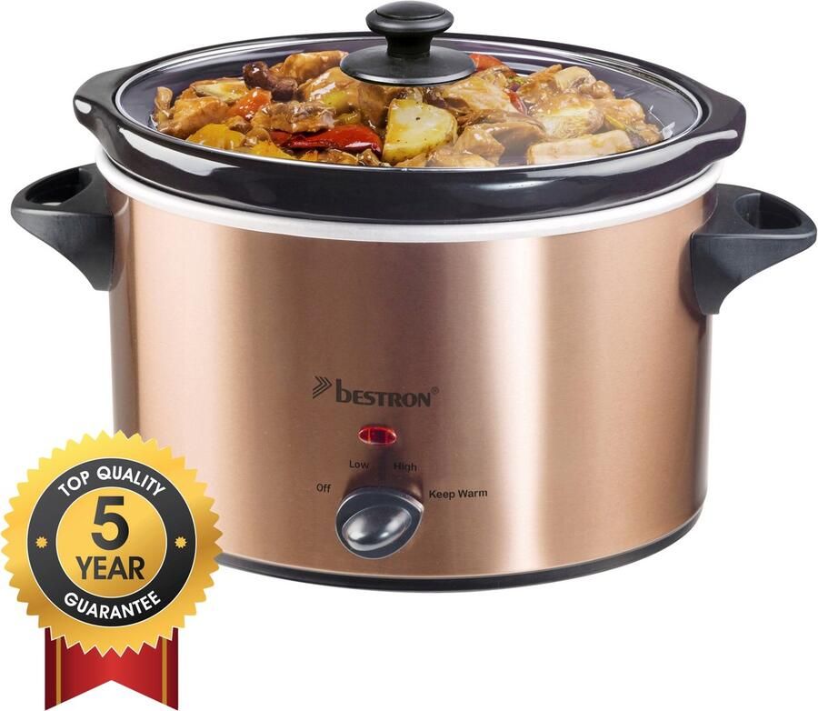 Bestron Slowcooker met 3 programma's keramische pan & glazen deksel voor 4 Personen 3.5L capaciteit vatwasserveilig 180 Watt Copper Collection Koper