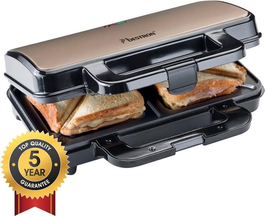 Bestron XL Tosti ijzer voor 2 Tosti's Tosti apparat met antiaanbaklaag & indicatielampje 1000W wit grijs