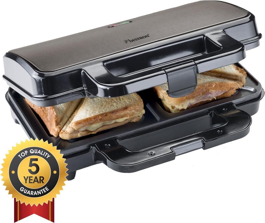 Bestron XL Tosti ijzer voor 2 Tosti's Tosti apparat met antiaanbaklaag & indicatielampje 1000W Titangrijs