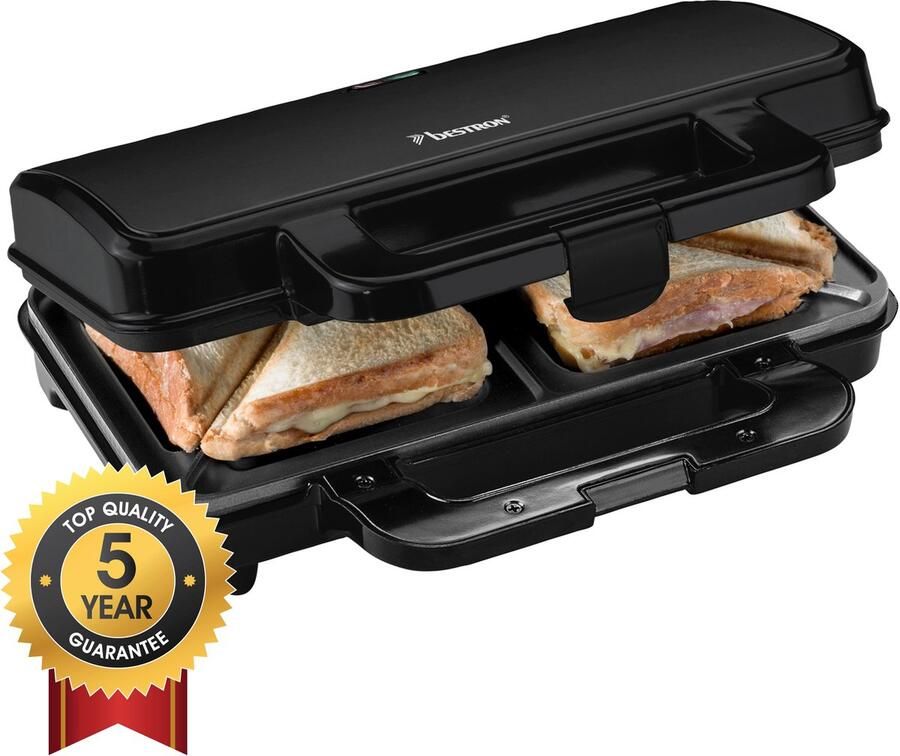 Bestron XL Tosti ijzer voor 2 Tosti's Tosti apparat met antiaanbaklaag & indicatielampje 1000W Zwart