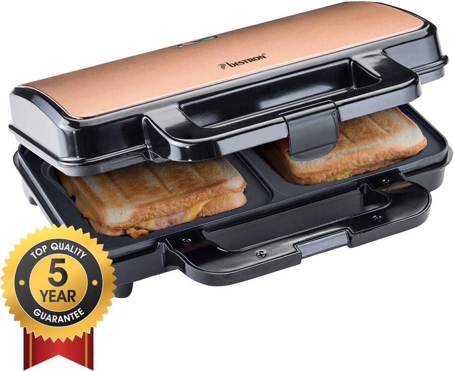 Bestron XL Tosti ijzer Sandwich-toaster voor 2 sandwiches in schelpvorm ideaal voor Amerikaanse sandwiches inclusief automatische temperatuurregeling en gereedheidsindicator Koper