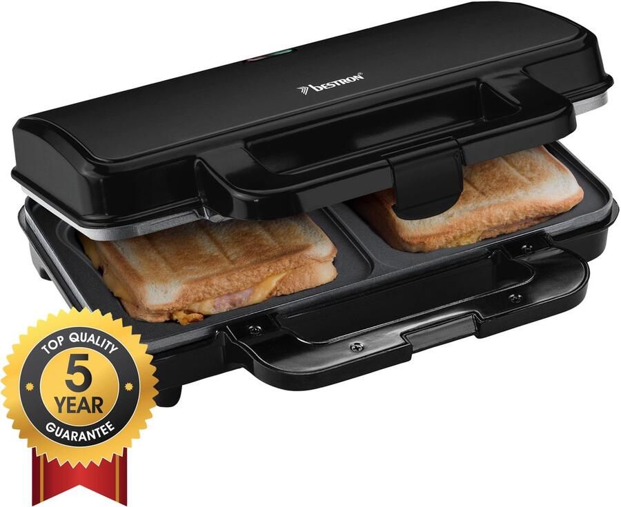 Bestron XL Tosti ijzer Sandwich-toaster voor 2 sandwiches in schelpvorm ideaal voor Amerikaanse sandwiches inclusief automatische temperatuurregeling en gereedheidsindicator Zwart