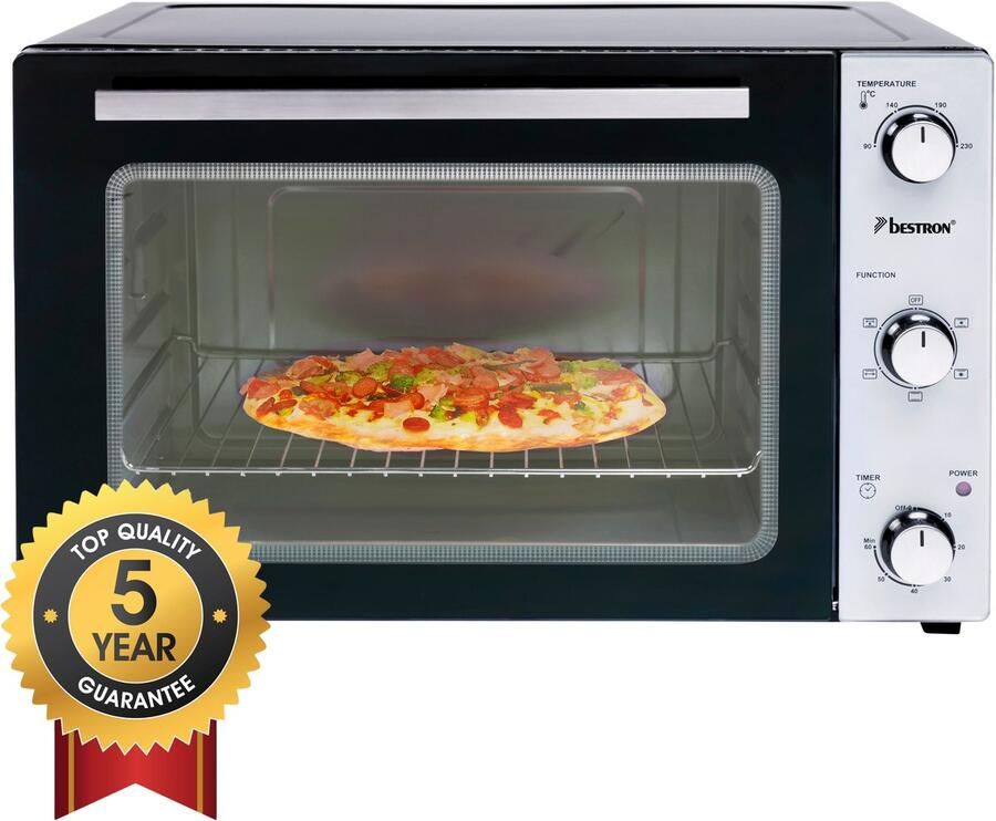 Bestron vrijstaande Oven met 55L volume Bakoven inlcusief Grillrooster Draaispit Bakschaal & Heteluchtfunctie met 5 programma s tot max. 230 °C timer & indicatielampje 2000 Watt zilver zwart - Foto 2