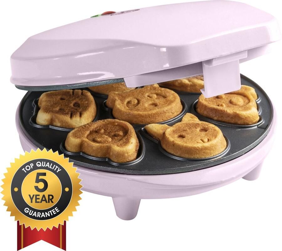 Bestron Wafelijzer voor Mini Cookies Cakemaker voor mini cakes met bakindicatielampje & antiaanbaklaag koekjes in dierenvorm 700 Watt roze - Foto 2