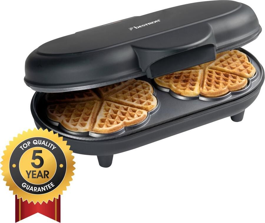 Bestron dubbel Wafelijzer voor klassieke hartwafels Wafelmaker met antiaanbaklaag & indicatielampje 1000 watt Zwart