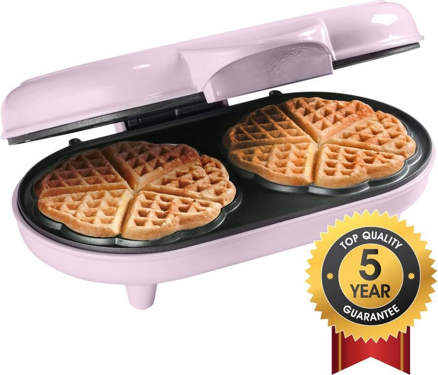 Bestron dubbel Wafelijzer voor klassieke hartwafels Wafelmaker met antiaanbaklaag & indicatielampje 1000 watt keur: roze