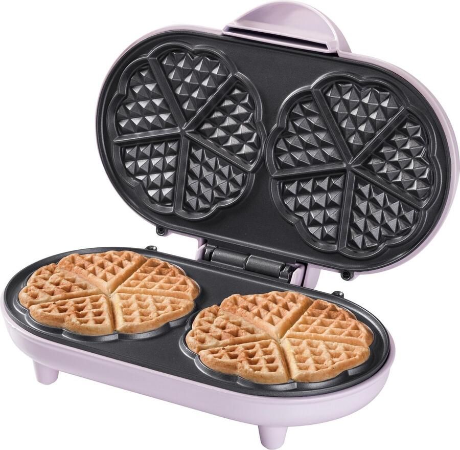 Bestron dubbel Wafelijzer voor klassieke hartwafels Wafelmaker met antiaanbaklaag & indicatielampje 1000 watt keur: roze