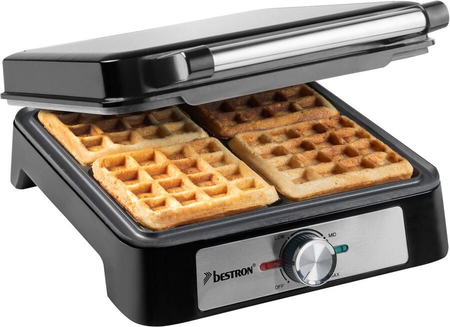 Bestron Wafelijzer ASW1600S – 4 Wafels per Bakbeurt – Instelbare Thermostaat – Antiaanbaklaag – 1600 W