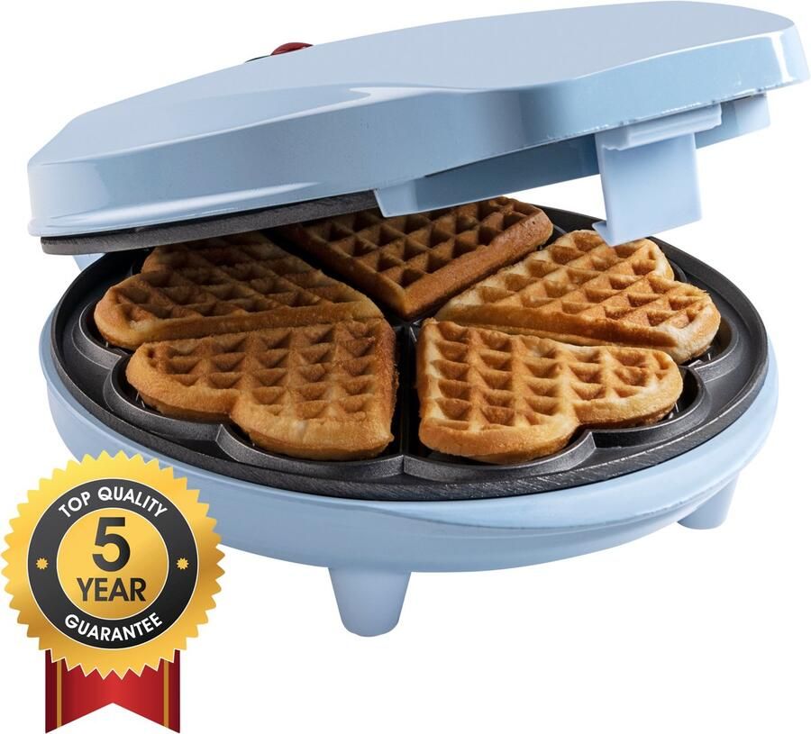 Bestron Wafelijzer voor klassieke hartwafels Wafelmaker voor wafels in hartvorm met indicatielampje & antiaanbaklaag retro-design 700 Watt Babyblauw