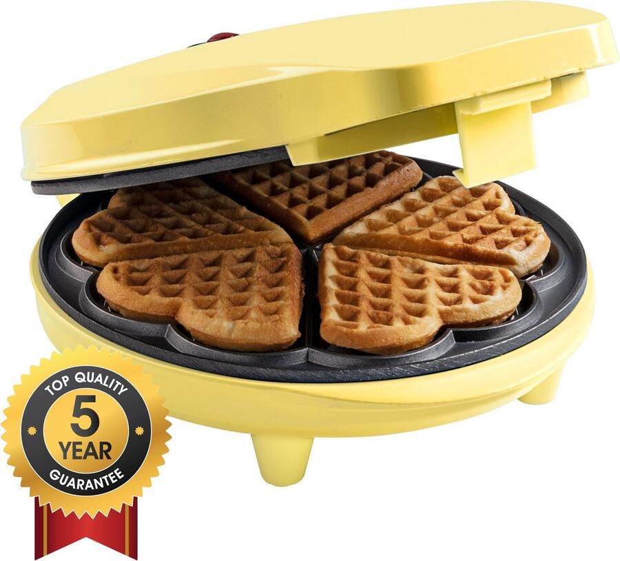 Bestron Wafelijzer voor klassieke hartwafels Wafelmaker voor wafels in hartvorm met indicatielampje & antiaanbaklaag retro-design 700 Watt geel - Foto 3