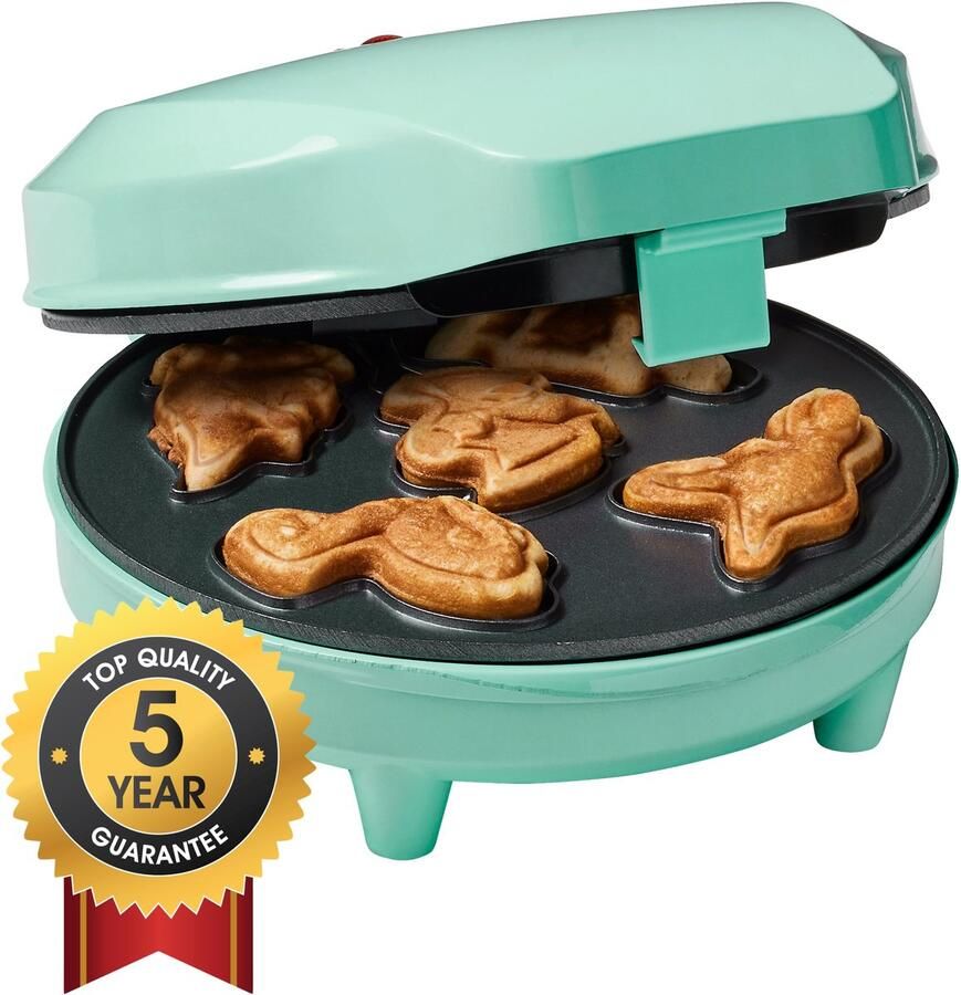 Bestron Wafelijzer voor Mini Dino Cookies Cakemaker voor mini dino cakes met bakindicatielampje & antiaanbaklaag 700 Watt Mint
