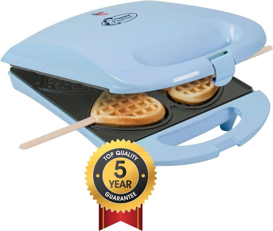 Bestron Wafelijzer voor hartvormige Wafels Wafelijzer hartvorm op een stokje Wafelmaker met antiaanbaklaag & indicatielampje incl. 20 houten stokjes Blauw