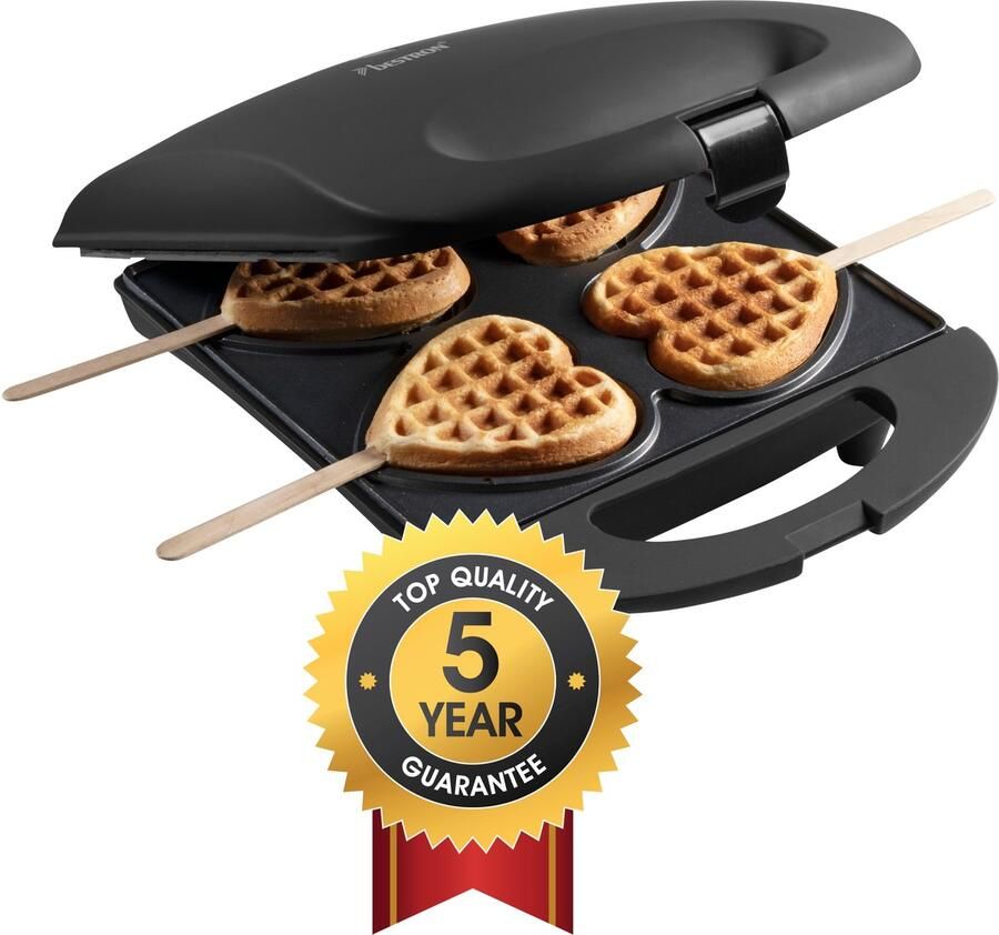 Bestron Wafelijzer voor hartvormige Wafels Wafelijzer hartvorm op een stokje Wafelmaker met antiaanbaklaag & indicatielampje incl. 20 houten stokjes Zwart