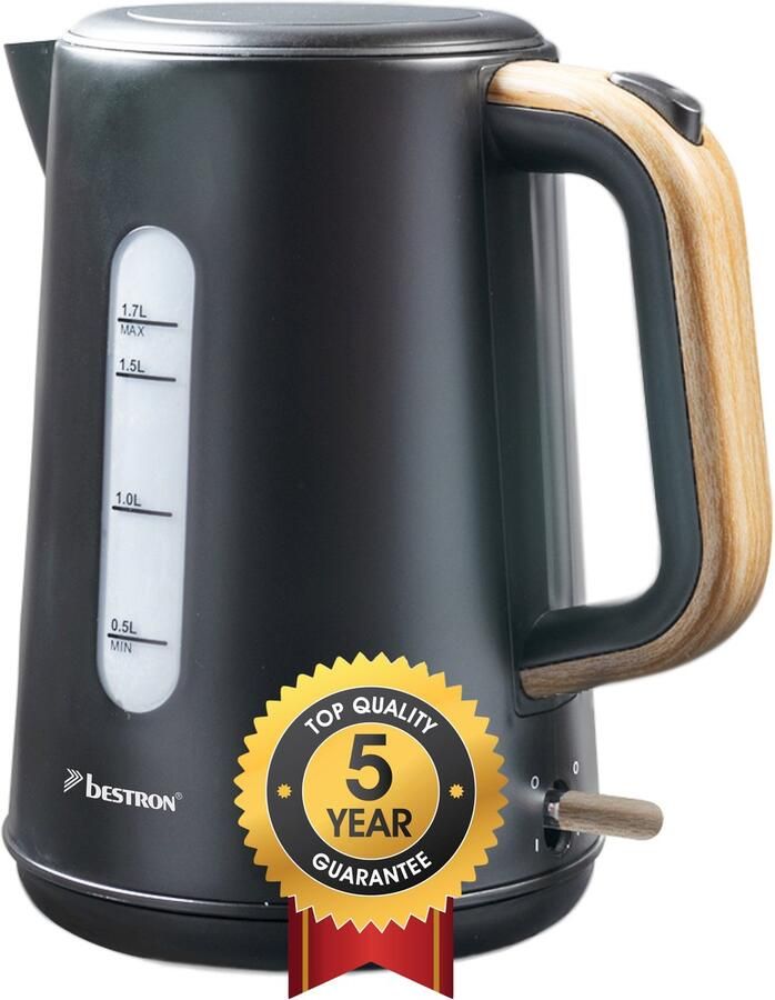 Bestron Waterkoker met 360° basis & tot 1.7 Liter capaciteit automatische kookstop & droogkookbeveiliging 2200W AWK2200BW Zwart Hout - Foto 2