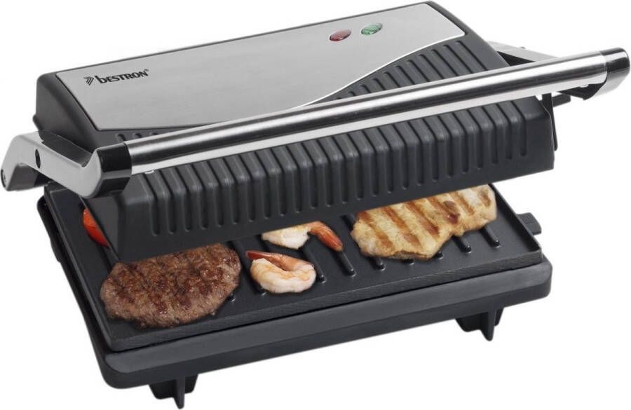 Bestron Contactgrill voor 2 Personen Paninimaker met Vetopvangbak & antiaanbaklaag 750 Watt rvs