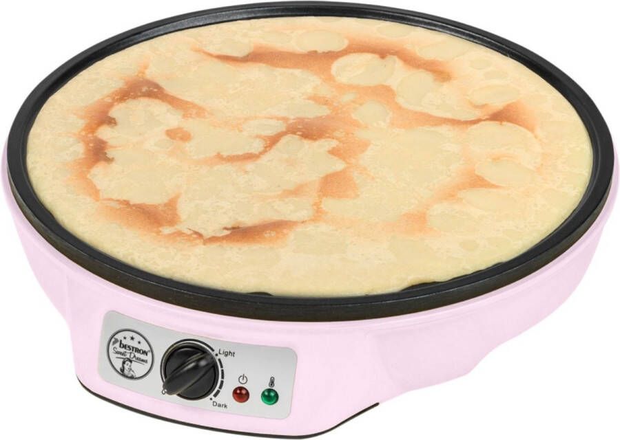 Bestron Crepe Maker voor crêpes met Ø 30cm pannenkoekenmaker incl. deegverdeler & crêpeskeerder met antiaanbaklaag & indicatielampje 1000 Watt roze