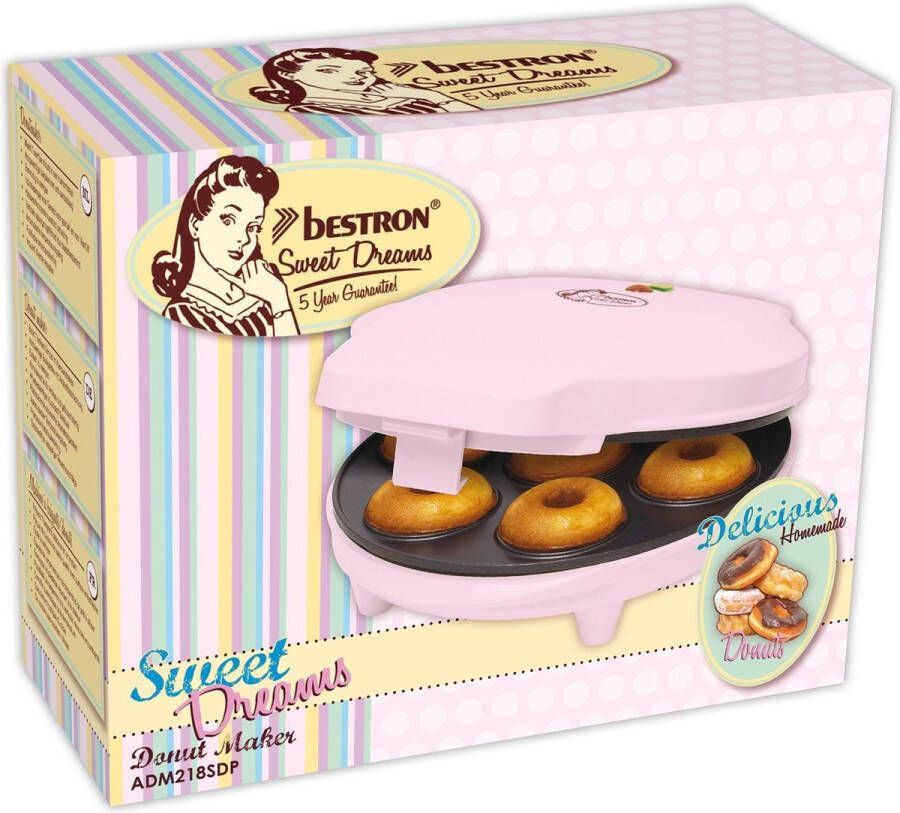 Bestron Donutmaker in Sweet Dreams design met bakindicatielampje & antiaanbaklaag 700W roze