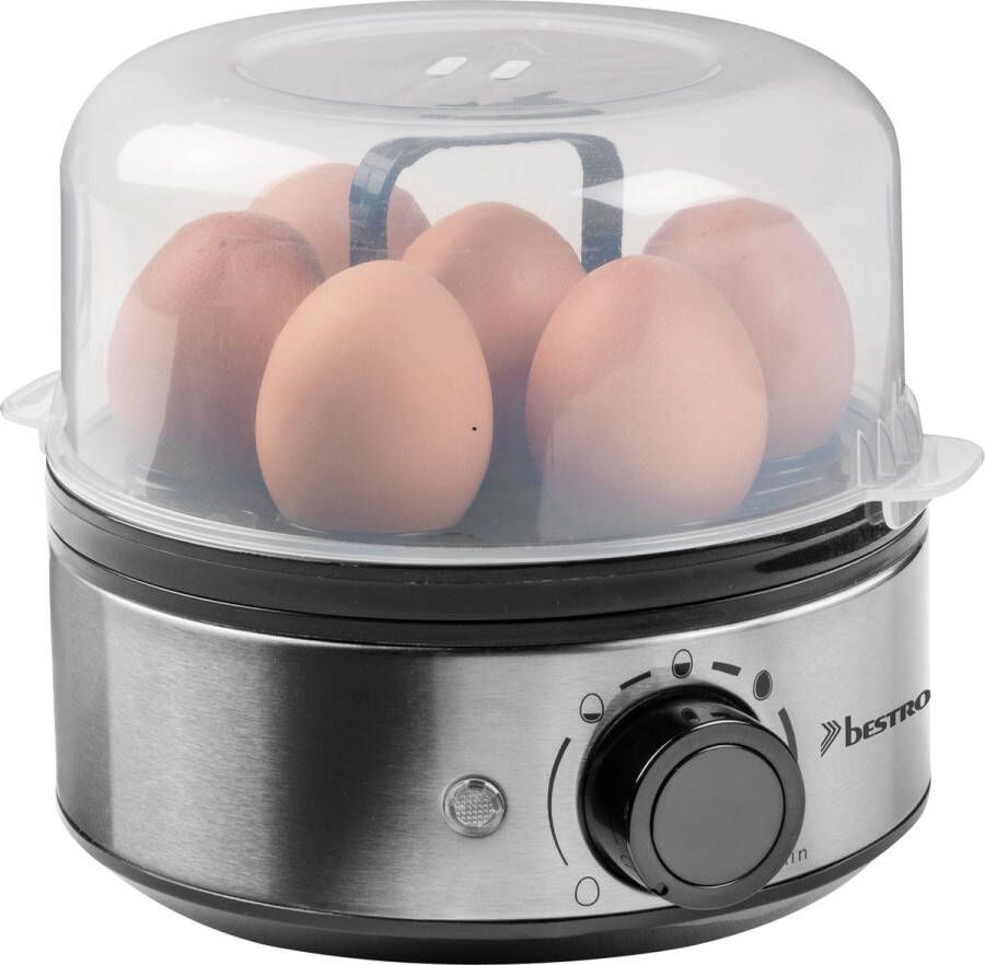 Bestron Eierkoker voor 7 eieren met akoestisch signaal & droogloopbeveiliging traploos regelbaar hardheidsinstelling voor drie niveaus incl. maatbeker & eierprikker zilver