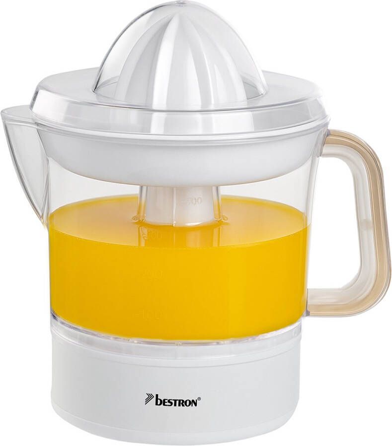 Bestron elektrische Citruspers Sinaasappelpers incl. 2 perskogels en aromadeksel motor met twee draairichtingen (links rechts) sap reservoir: 0.7 liter 40 Watt Wit Imitatiehout