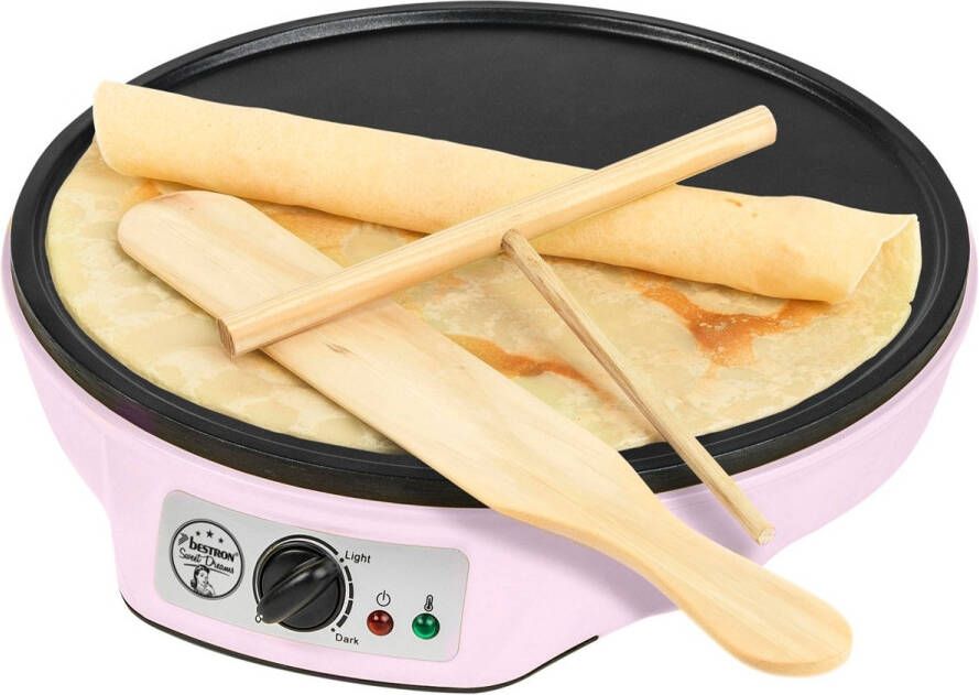 Bestron Crepe Maker voor crêpes met Ø 30cm pannenkoekenmaker incl. deegverdeler & crêpeskeerder met antiaanbaklaag & indicatielampje 1000 Watt roze - Foto 2