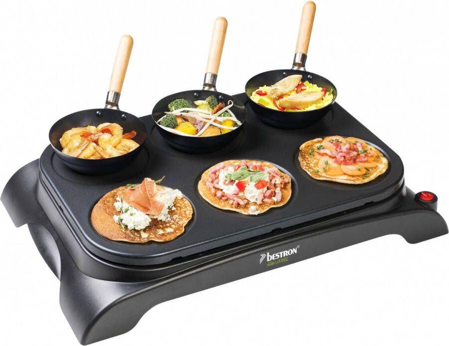 Bestron elektrische Party-Wok-Set Gourmetstel met mini wok pannen voor 6 personen incl. 6 houten pannetjes & 1 opscheplepel 1000 Watt zwart - Foto 1