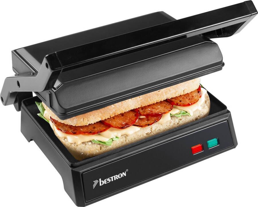 Bestron elektrische tosti apparaat met opvangbak Contactgrill met Cool-Touch-handgreep & 180° opening panini grill met antiaanbaklaag instapmodel Black Label Collection Zwartmat