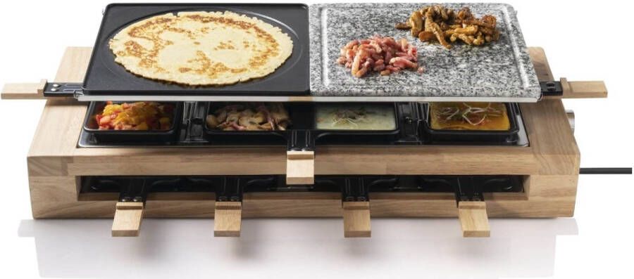 Bestron Gourmetstel XL Raclette Grill set voor 8 personen met natuurlijke grillsteen & antiaanbak grillplaat incl. grote pannen set 1500 Watt zwart hout - Foto 2