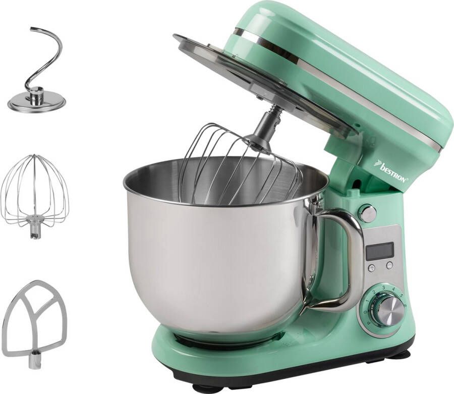 Bestron Keukenmachine Super Stille (65dB) 4-in-1 Keukenmachine met DC-motor 6 liter mengkom incl. deeghaak garde en klopper 6 snelheden + pulsefunctie Mint