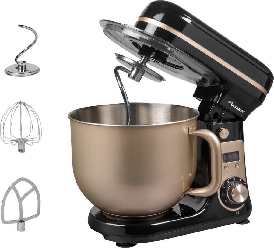 Bestron Keukenmachine Super Stille (65dB) 4-in-1 Keukenmachine met DC-motor 6 liter mengkom incl. deeghaak garde en klopper 6 snelheden + pulsefunctie Beige