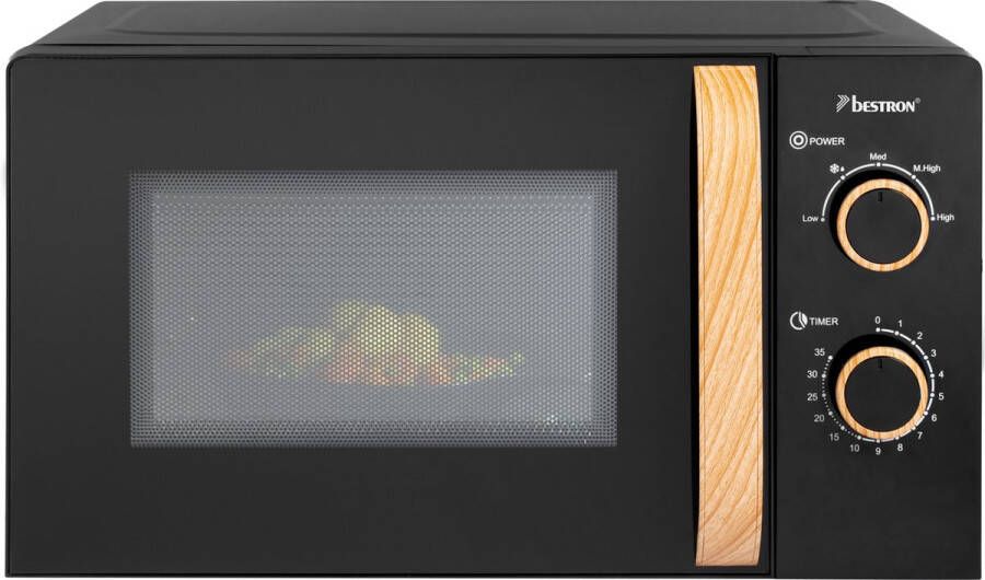 Bestron Magnetron 700W Microwave met tweedelig bedieningspaneel 5 vermogensniveaus & 35 Min. timer traploos regelbaar 25.5 cm draaiplateau voor alle gangbare maten Zwart Houtlook