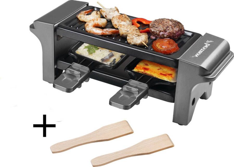 Bestron Mini Raclette Gourmetstel voor 1 tot 2 personen incl. 2 pannen & 2 houten spatels met antiaanbaklaag 350W Titangrijs - Foto 2