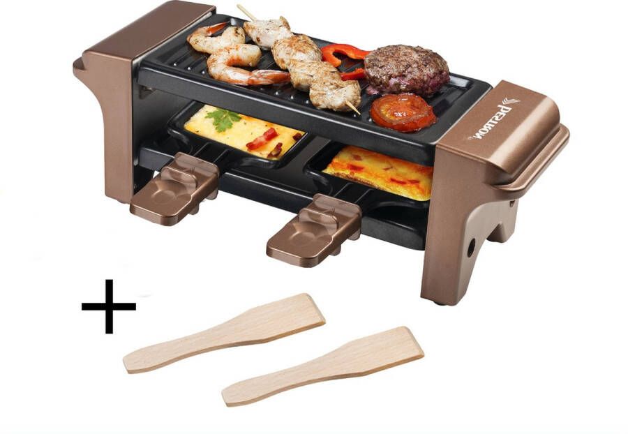 Bestron Mini Raclette Gourmetstel voor 1 tot 2 personen incl. 2 pannen & 2 houten spatels met antiaanbaklaag 350W Koper