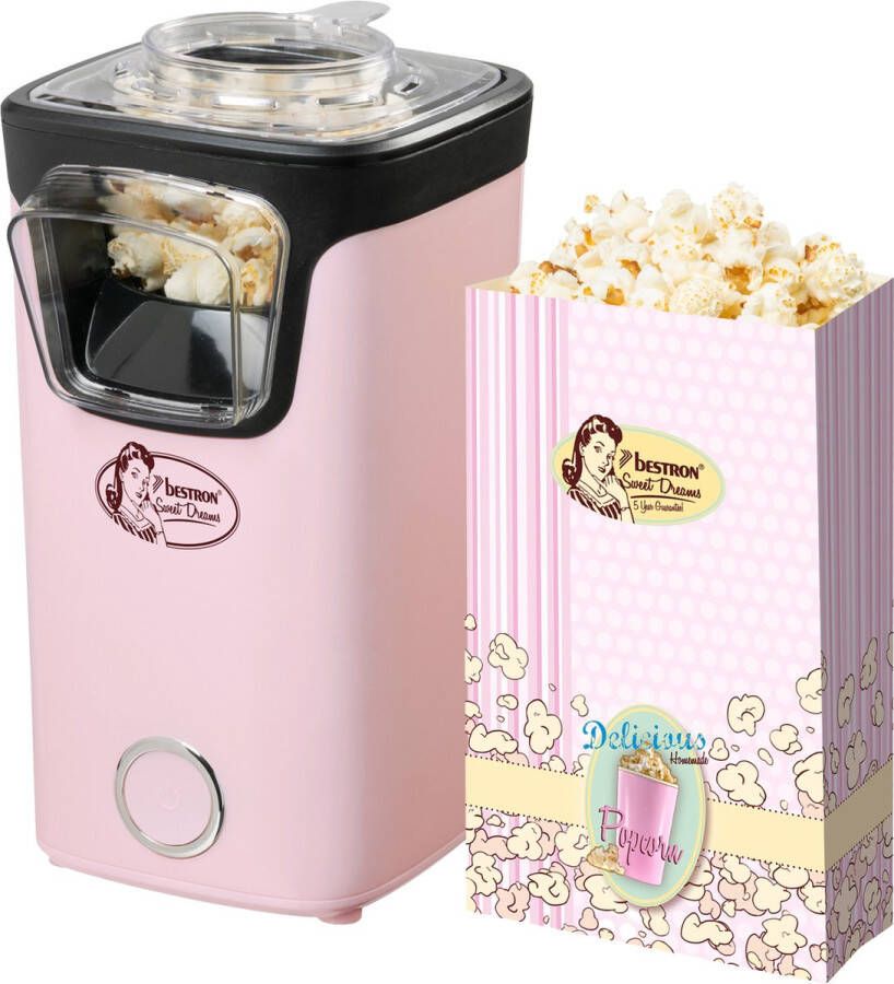 Bestron Popcornmaker Turbo-Popcorn in minder 2 minuten Popcornmachine met heteluchttechnologie inclusief 10x popcornzakken & geïntegreerde maatbeker Sweet Dreams Collectie Roze