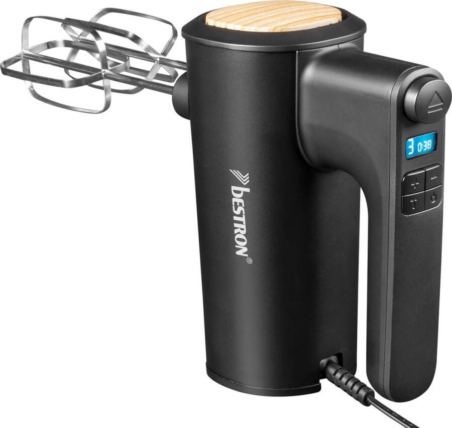 Bestron Power Handmixer krachtige handmixer met 6 snelheden turbo-functie & LCD-display mixer inclusief 2 gardes & 2 kneedhaken lichtgewicht van 1KG Zwart Hout