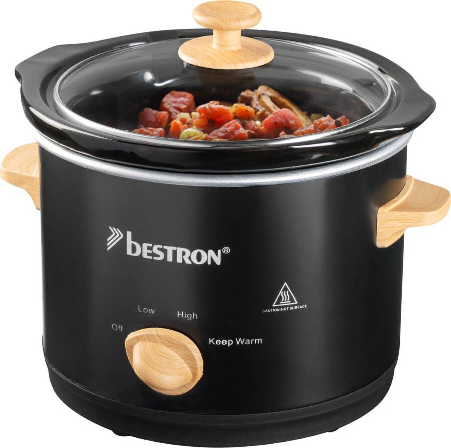 Bestron Slowcooker met 3 programma's keramische pan & glazen deksel voor 2 Personen 1.5L capaciteit vatwasserveilig 120 Watt Black & Wood Collection Zwart Hout