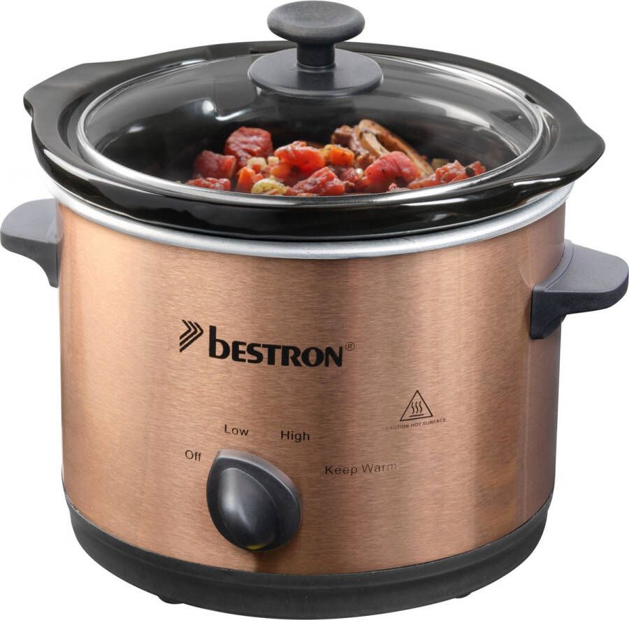 Bestron Slowcooker met 3 programma's keramische pan & glazen deksel voor 2 Personen 1.5L capaciteit vatwasserveilig 120 Watt Copper Collection Koper