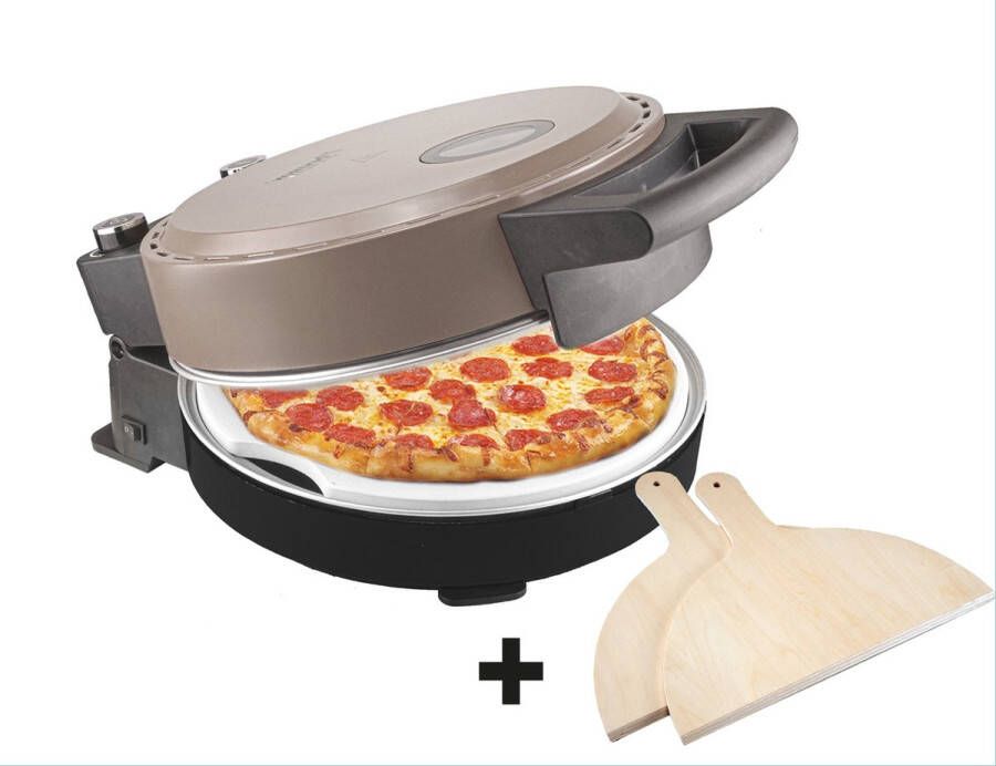 Bestron Turbo Pizzaoven voor pizza's in 5-10 minuten elektrische pizzaoven met echte maximumtemperatuur van 320°C inclusief pizzasteen en 2 grote houten spatels Satin Collection Beige