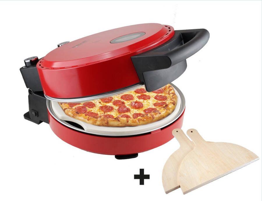 Bestron Turbo Pizzaoven voor pizza's in 5-10 minuten elektrische pizzaoven met echte maximumtemperatuur van 320°C inclusief pizzasteen en 2 grote houten spatels Viva Italia Rood