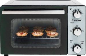 Bestron vrijstaande Mini Oven met 20L volume Bakoven inlcusief Grillrooster & Bakschaal met 3 programma's: Bovenwarmte Onderwarmte en Bovenwarmte + Onderwarmte tot max. 230 °C timerfunctie & indicatielampje 1300 Watt zilver zwart