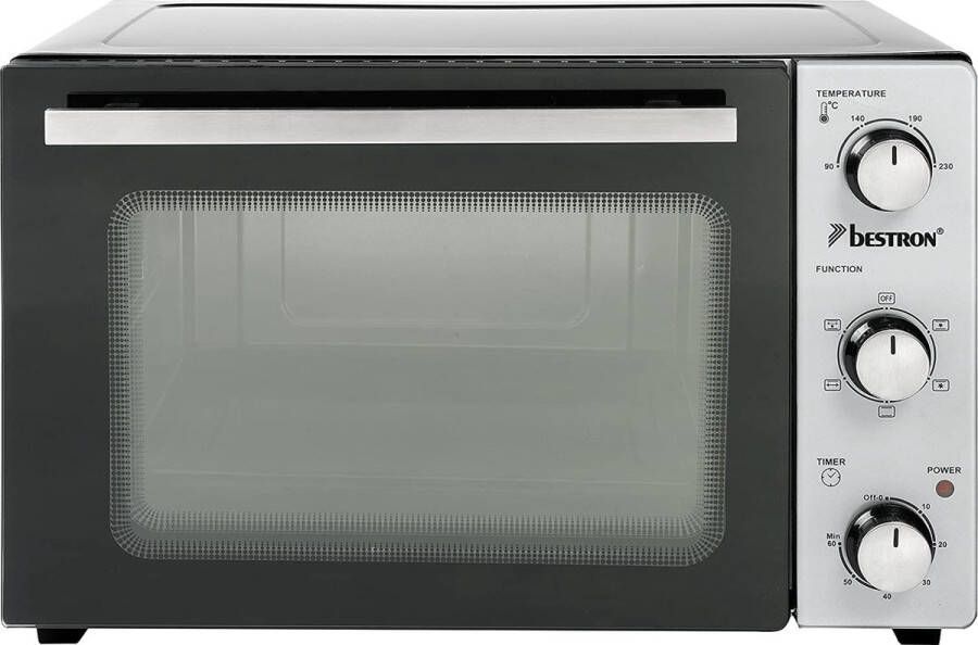 Bestron vrijstaande Mini Oven met 31L volume Bakoven inlcusief Grillrooster Draaispit Bakschaal Ø30 5 cm Pizzasteen & Heteluchtfunctie met 5 programma s tot max. 230 °C timer & indicatielampje 1500 Watt zilver zwart