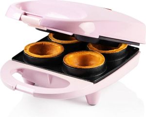 Bestron Wafelijzer voor 4 mini wafelvormen wafelmaker voor bakjes voor o.a. schepijs met antiaanbaklaag retro design 520 Watt roze