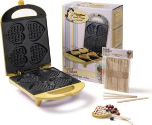 Bestron Wafelijzer voor hartvormige Wafels op een stokje + Houten stokjes 60x stuks combo pack Geel