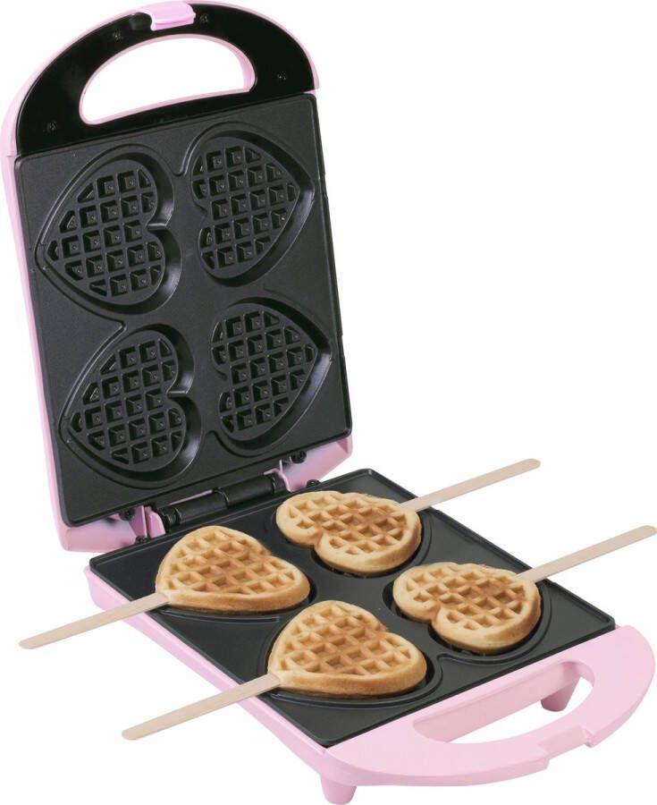 Bestron Wafelijzer voor hartvormige Wafels Wafelijzer hartvorm op een stokje Wafelmaker met antiaanbaklaag & indicatielampje incl. 20 houten stokjes Roze - Foto 3
