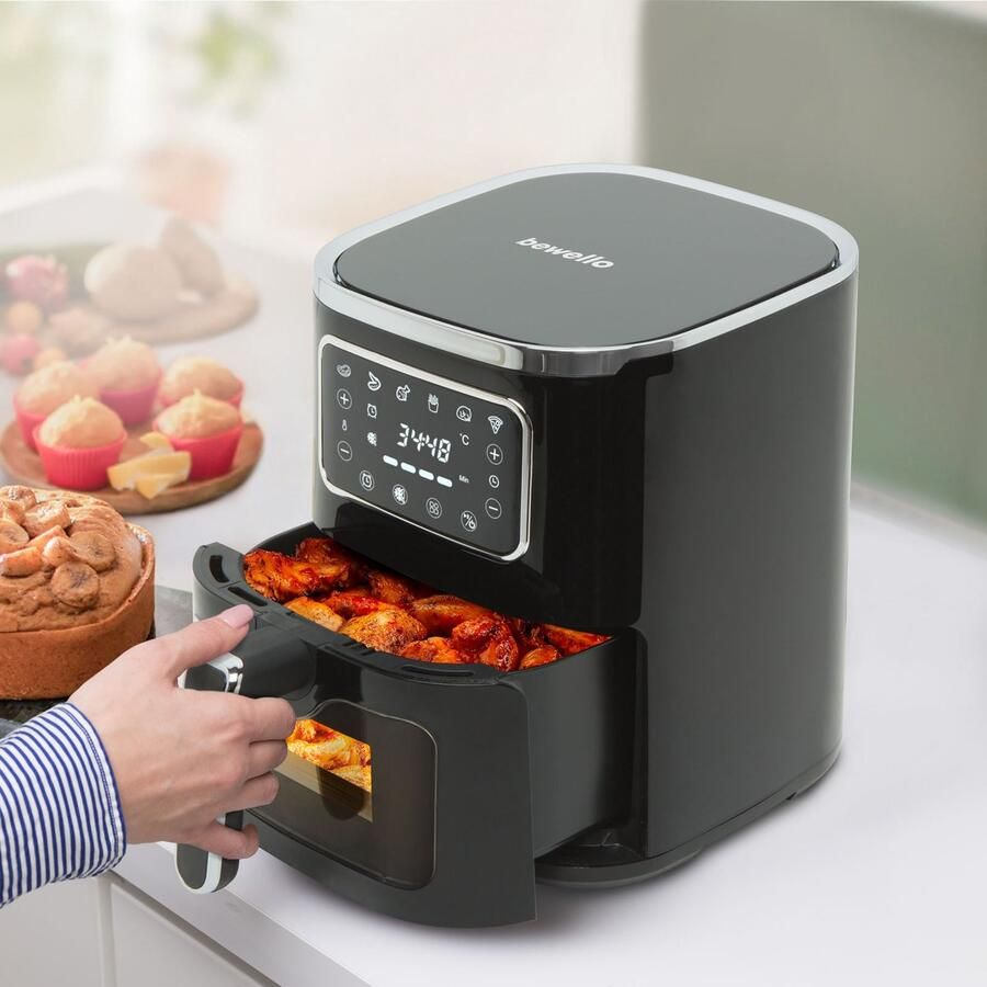 Bewello Airfryer – 5 Liter – 1450 Watt – Touch Bediening – Oliearm Olievrij Frituren – Kijkvenster Met Verlichting – Timerfunctie – Non-Stick Bakmand – Zwart – 230V – 1 Stuk [BW1002B]