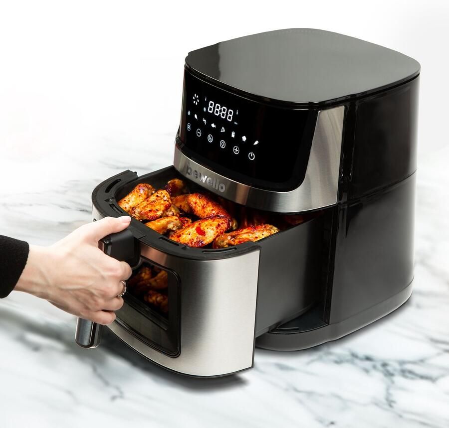 Bewello Airfryer XXL – 7 5 Liter – Bodem En Boven Verwarming – 2000 Watt – Olievrij Frituren – Kijkvenster – Timerfunctie – Non Stick Bakmand – Zwart – 230V – 1 Stuk [BW1002C]